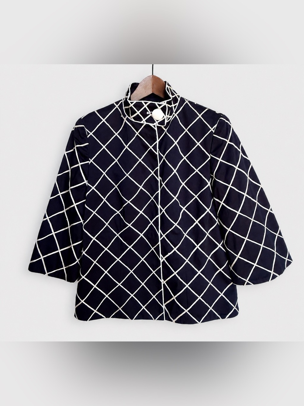 Elizabeth McKay Doc Jacket Women8 Navy Blue Grid Geometric Trim Stand Collar NWT